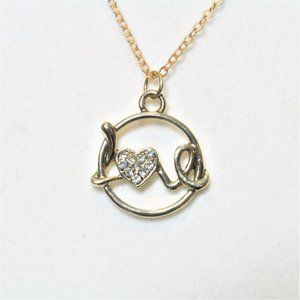 💛🍡Gold Script Logo Crystal Eternity Love Letter Heart Necklace💛🍡